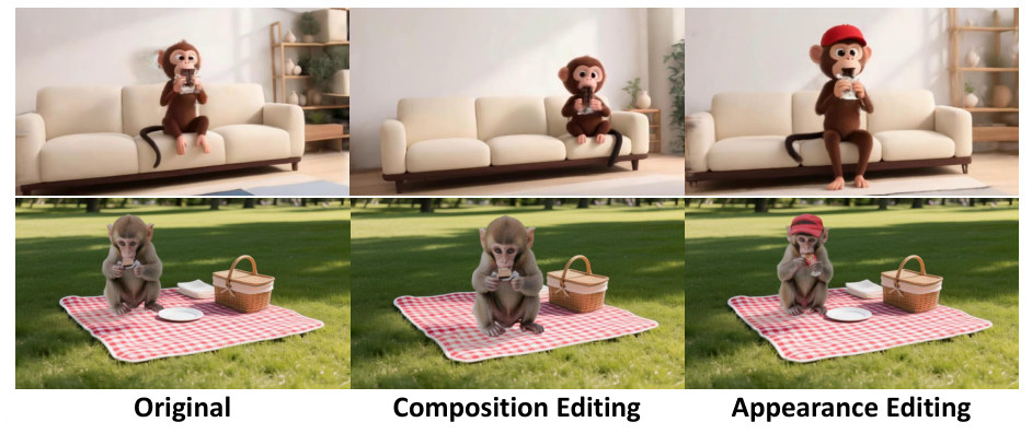 Editing comparison between Free4D (top) and Edit4D (bottom)